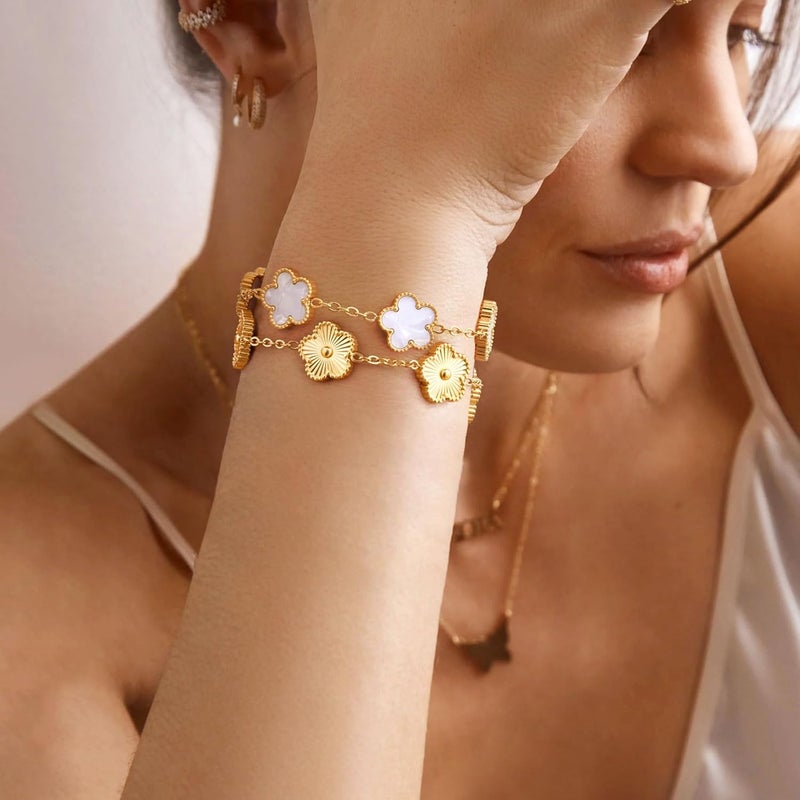 MPRAINBOW Women Gold Bracelets Jewelry Set - 18K Gold Plated Floral Bracelets,Stainless Steel Charm Bracelet Non-Tarnish,Adjustable lucky Chain Set Trendy Gift,Christmas Valentines Birthday Gifts for Girlfriend - Image 3